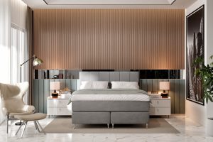 Elegant sovrum med modern säng och stilfullt sovrumsmöblemang.