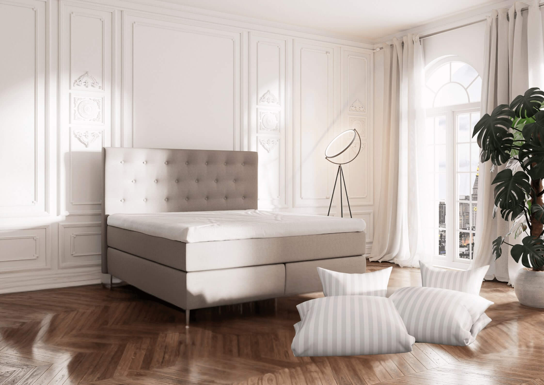 Modern och elegant säng i ett ljust, smakfullt sovrum med stora fönster och naturligt ljus.