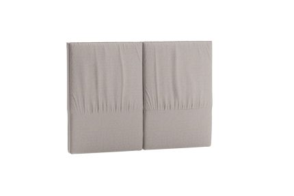 Sänggavel i ljusgrått tyg för modern sovrumsinredning.