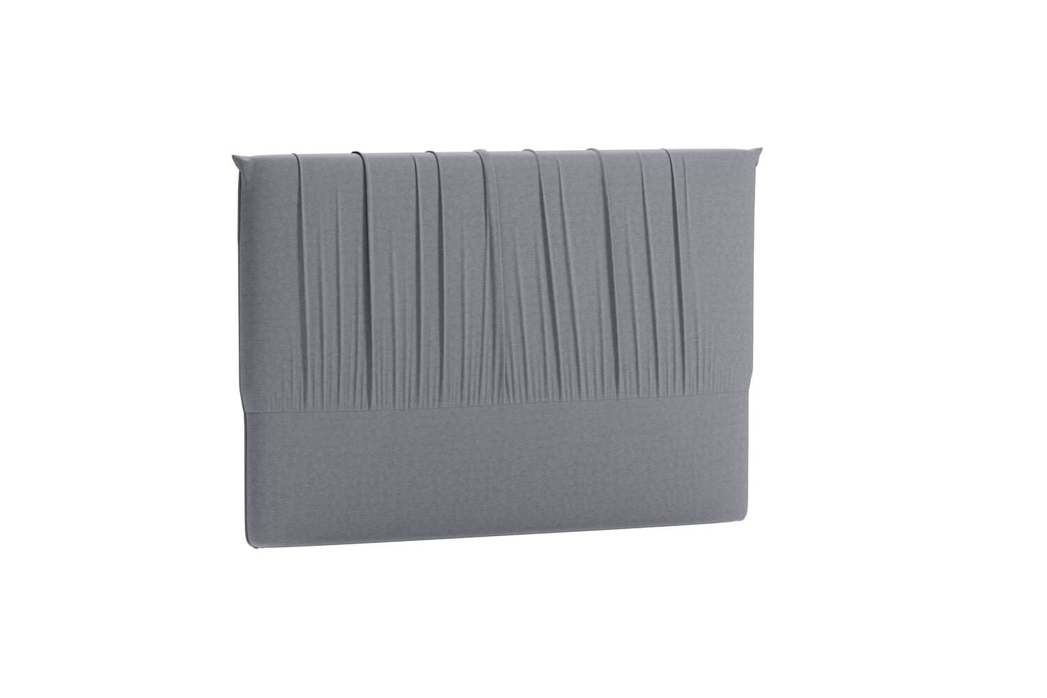 Sänggavel i grått tyg för modern sovrumsinredning.