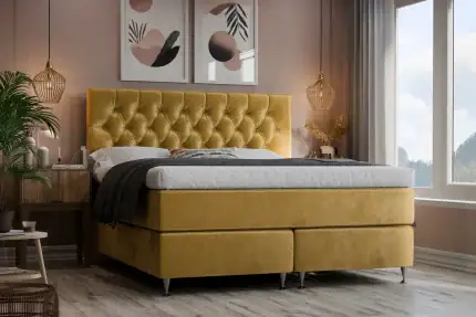 Sängfabriken säng med gul sammetstextur och modern inredning.