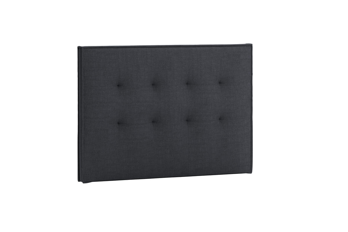 Sänggavel i mörkgrått tyg för modern sovrumsinredning.