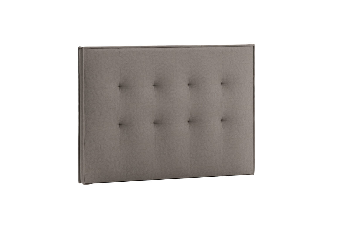 Sänggavel i grått tyg för sängar, modern och stilren design.