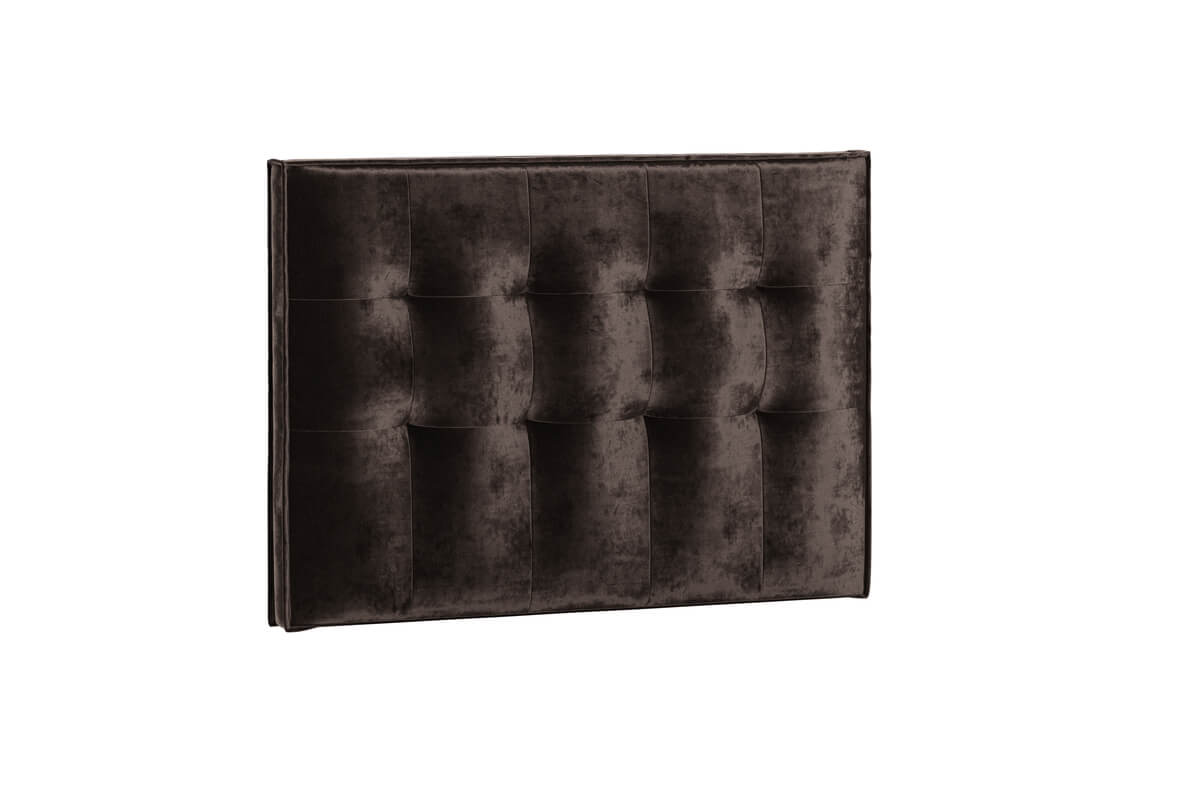 Sänggavel i mörk sammet för elegant sovrumsstil.