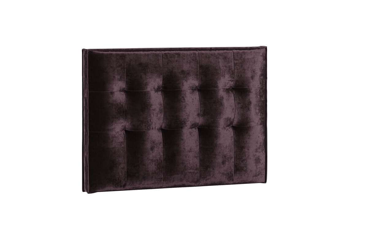 Sänggavel i mörk sammet för elegant sovrumsstil.