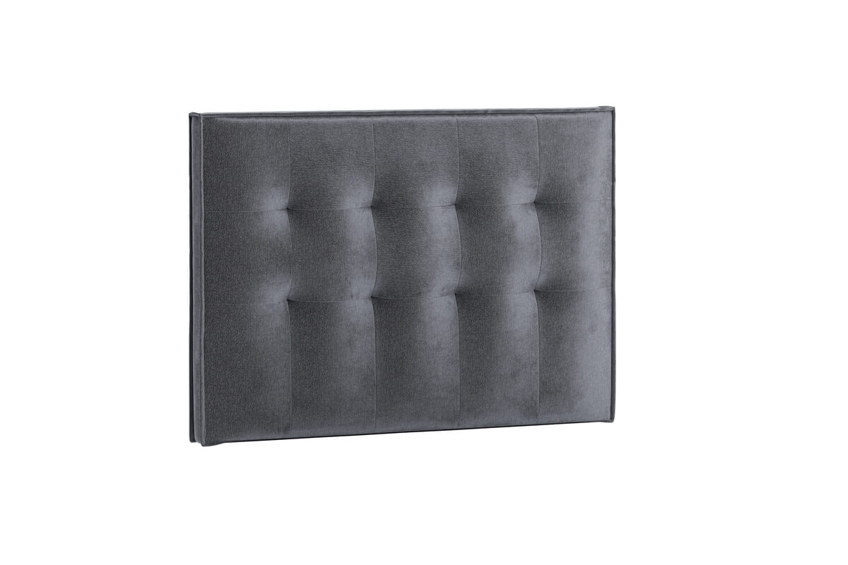 Högkvalitativt sänggavel i grå sammet för elegant sovrumsmiljö.