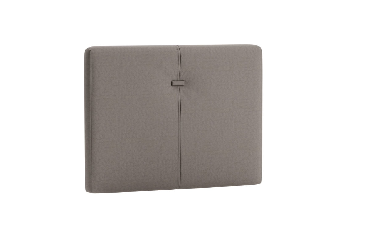 Sänggavel i grått tyg för modern sovrumsinredning.