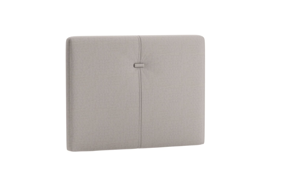 Sänggavel i ljusgrått tyg för modern sovrumsstil.