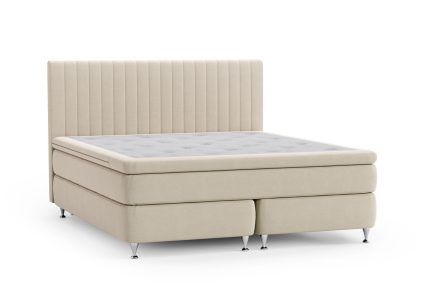 Sängram i beige med hög rygg och metallben, modern design.