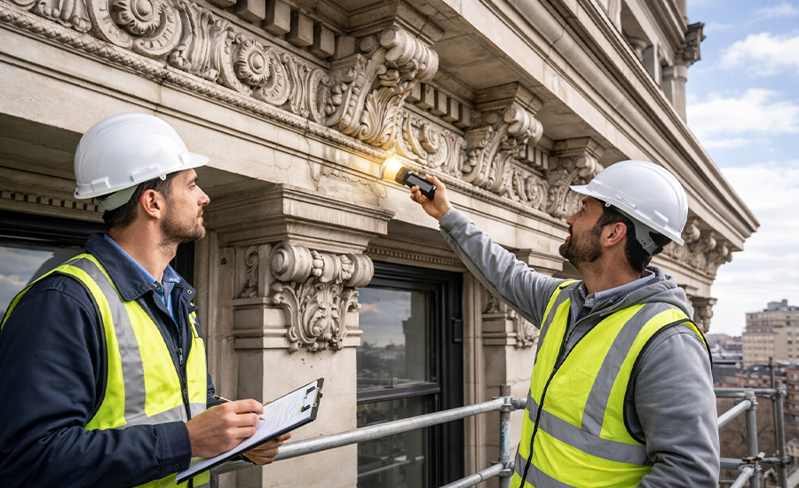 building cornice inspection showing structural damage cracks rust and water deterioration on facade