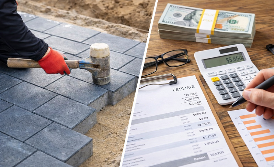 Paver installation process with cost estimation showing labor work and pricing calculation for paver project
