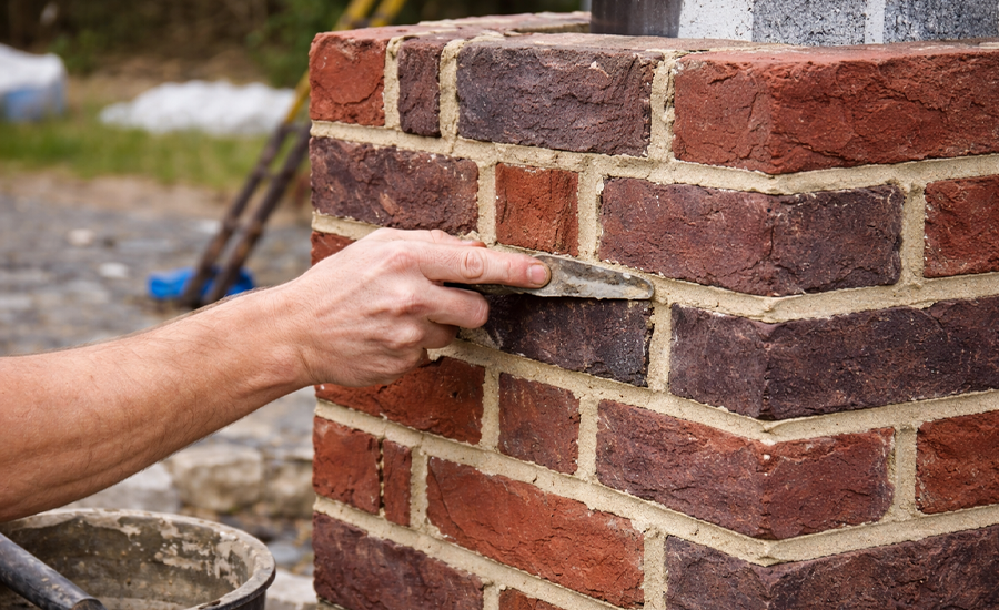 Brick wall with damaged mortar joints being repaired through repointing to restore structural stability and durability
