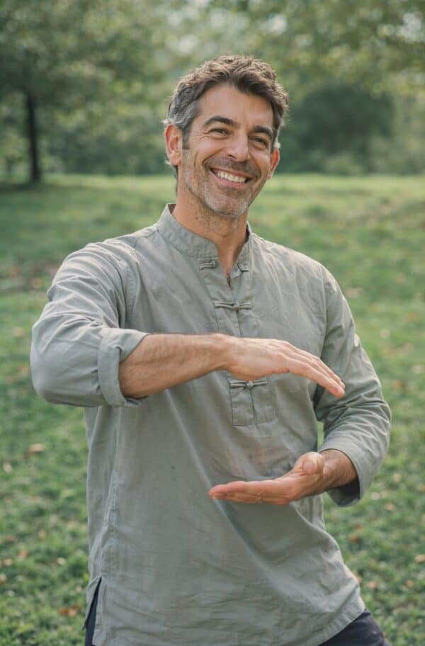 Mario Santoni practicing Qi Gong in nature in Ticino, Switzerland