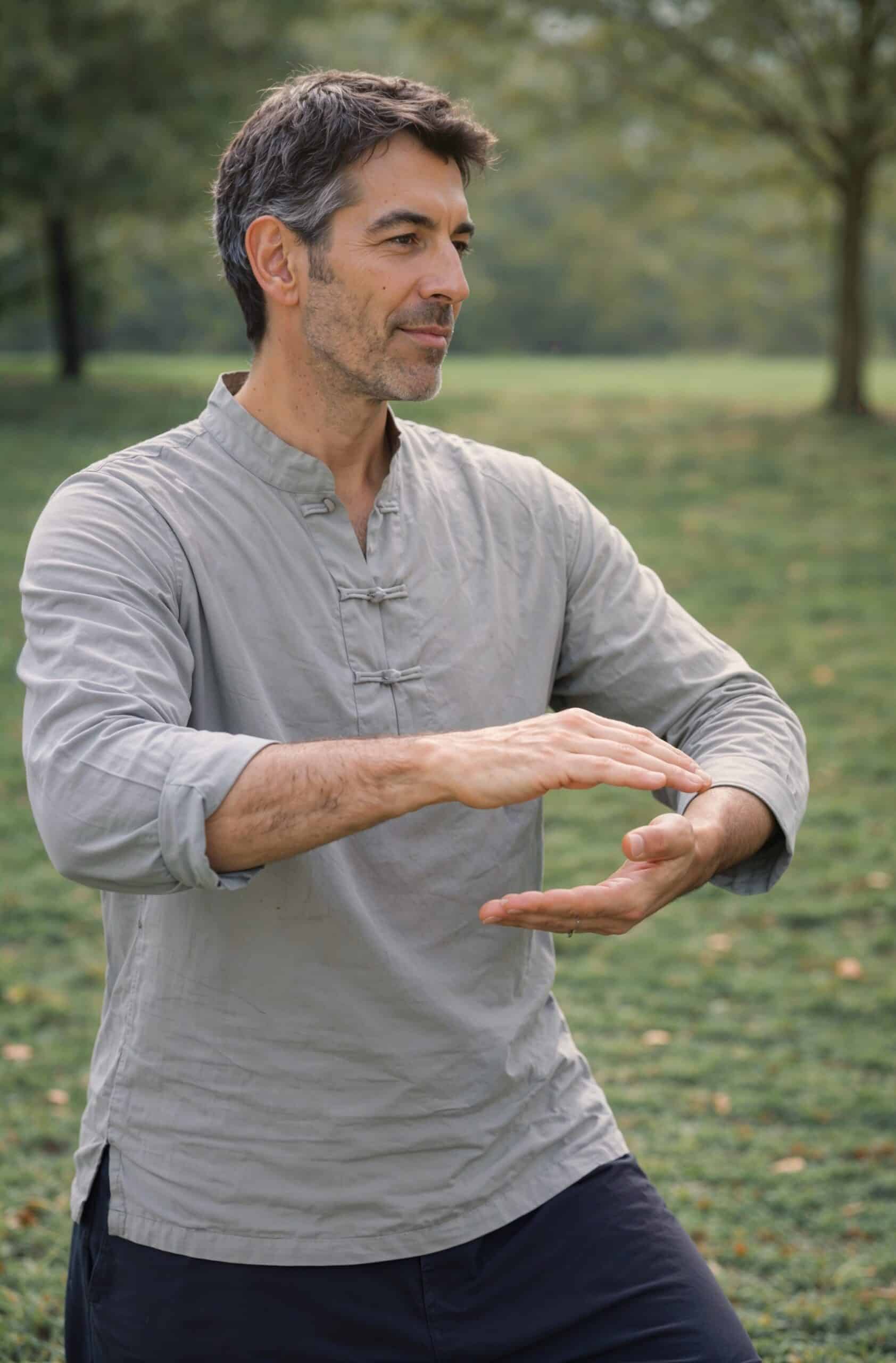 Mario Santoni practicing Qi Gong in nature in Ticino, Switzerland