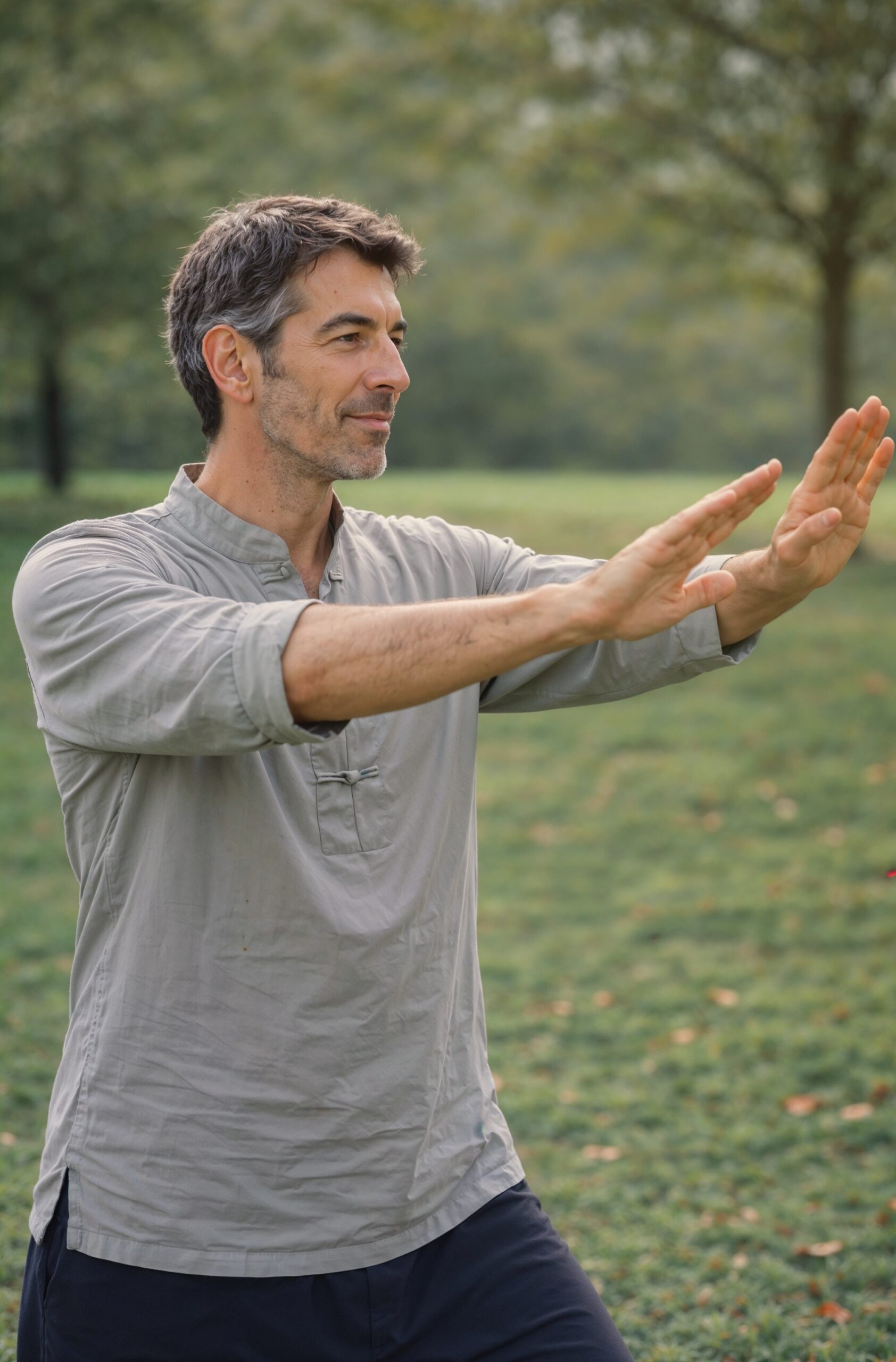 Mario Santoni practicing Qi Gong in nature in Ticino, Switzerland