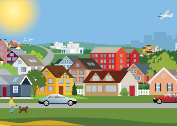 An illustration of a neighborhood with the sun shining, cars driving by, a person waling the dog and an airplane in the sky