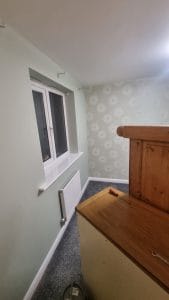 Freshly painted light green interior wall with modern wallpaper accent feature.