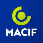 Logo MACIF avec symbole vert et fond bleu.