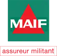 Logo MAIF, assureur militant, avec symbole rouge et texte blanc.