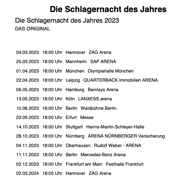 Termine Schlagernacht des Jahres