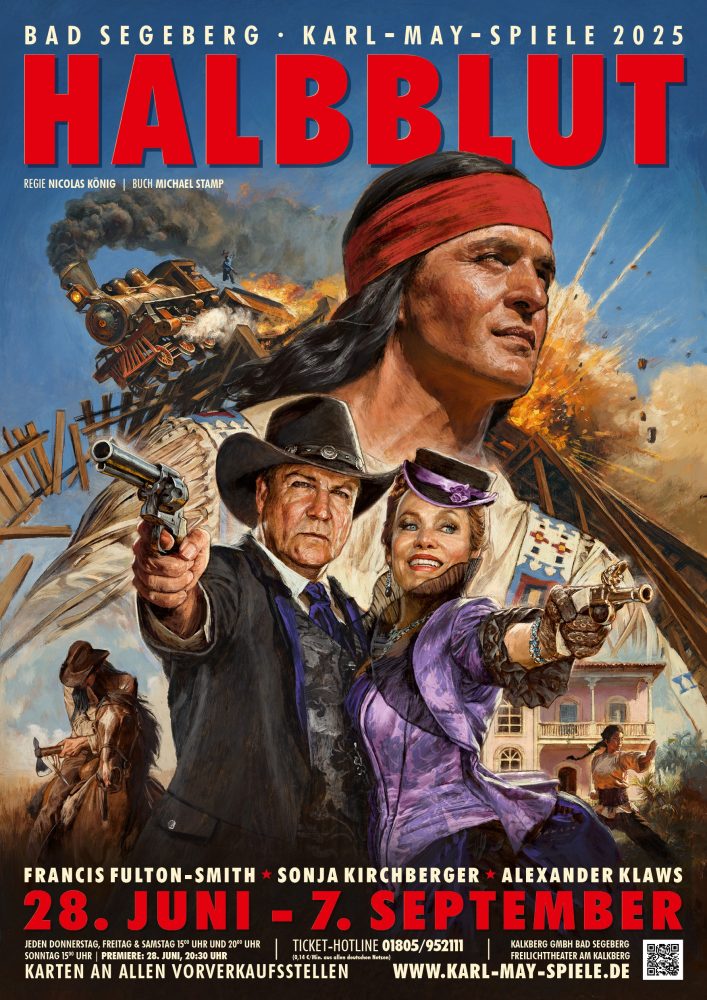 Abenteuer-Action-Plakat für den Theaterfilm "Halbblut" mit Western- und Showelementen in Bad Segeberg.