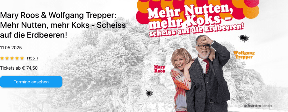 Mehr Nutten, mehr Koks – Scheiss auf die Erdbeeren! Live-Event mit Mary Roos & Wolfgang Trepper.