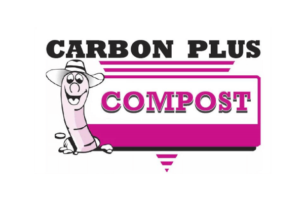 Carbon Plus Compost logo with cartoon worm mascot and pink and black text.