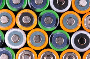 Close-up of used nickel batteries for recycling and metal recovery.