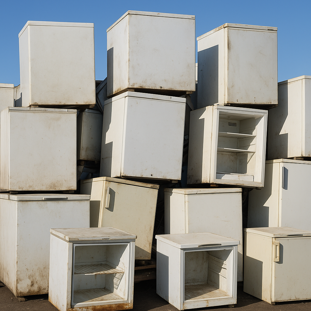 Stacked old freezers ready for scrap metal recycling in Australia.