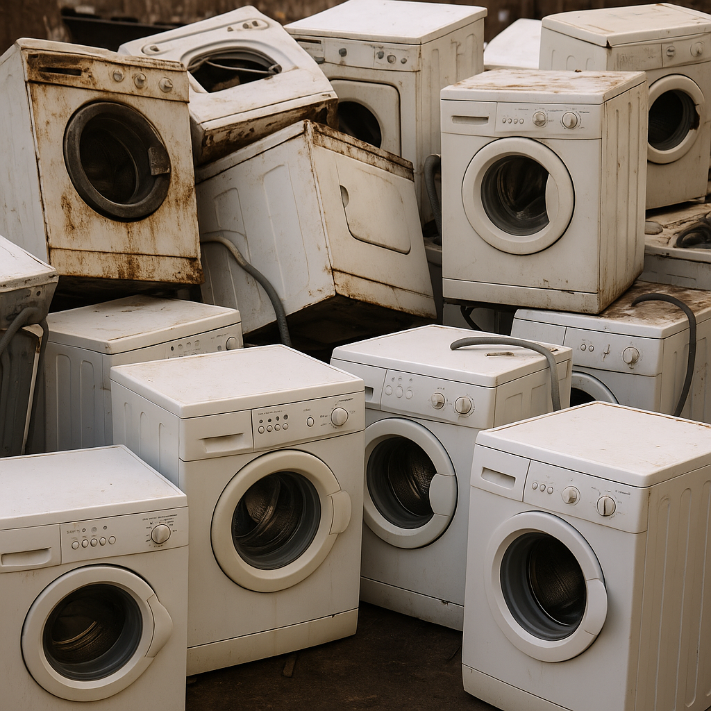 Old washing machines and appliances for scrap metal collection.