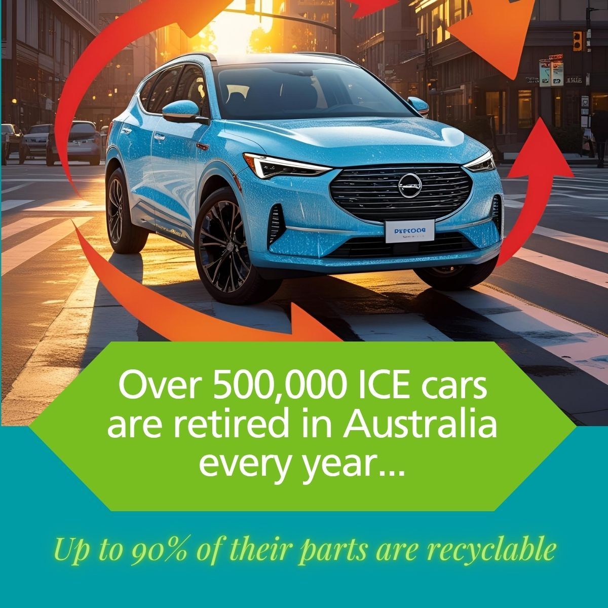Blue electric car on city street with recycling info overlay.