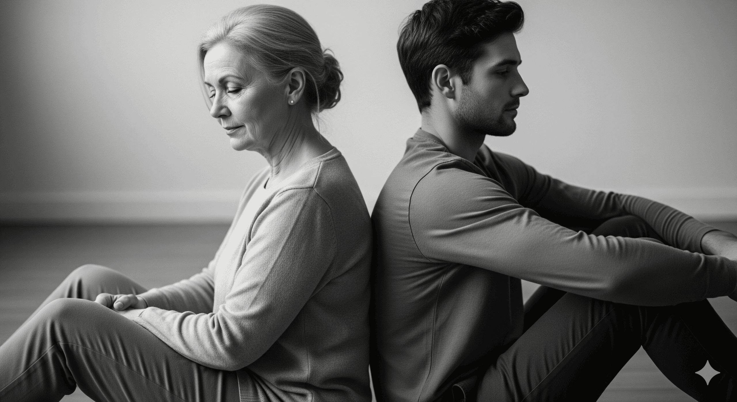 Entspannende meditation zwischen älterer und jüngerer Person in Schwarz-Weiß.