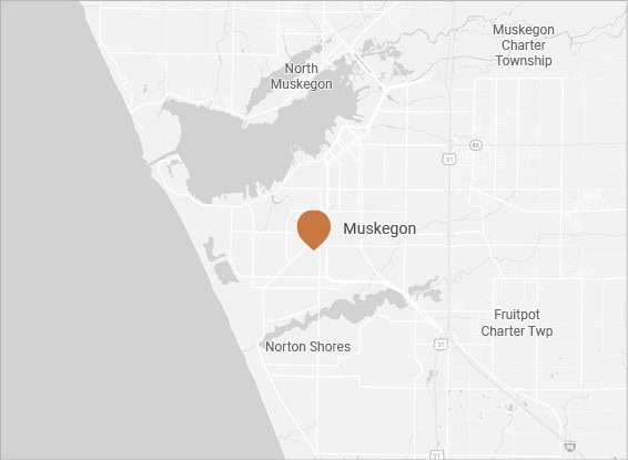 Muskegon real estate map of West Michigan showing location of Muskegon and surrounding communities.