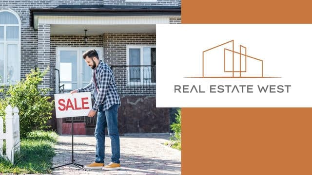 A man holding a "Sale" sign in front of a modern house, representing real estate listings and home buying opportunities in West Michigan.