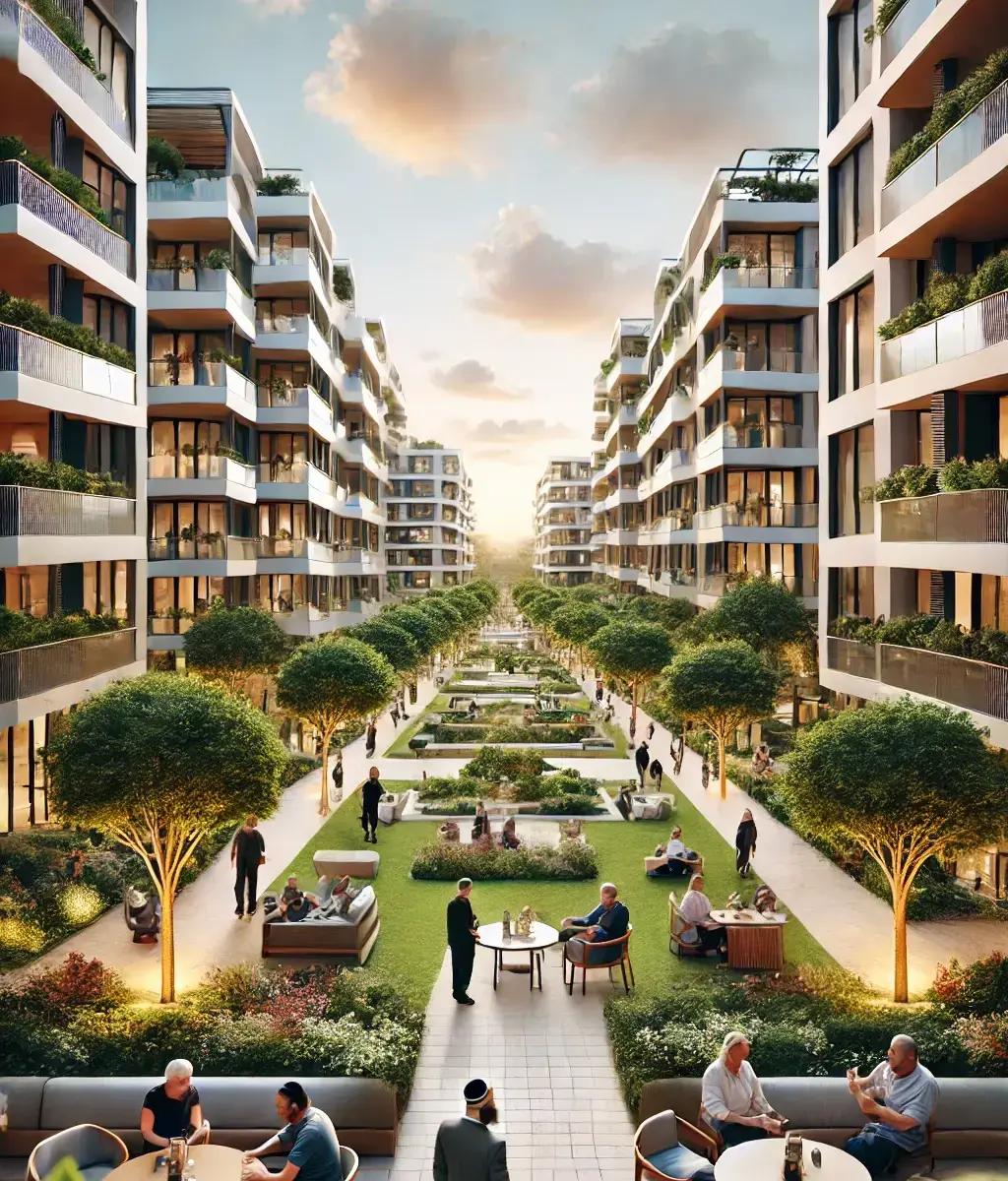 visual of the modern residential complex in Beit Shemesh with the mix of residents in the communal area. Let me know if you'd like any adjustments.