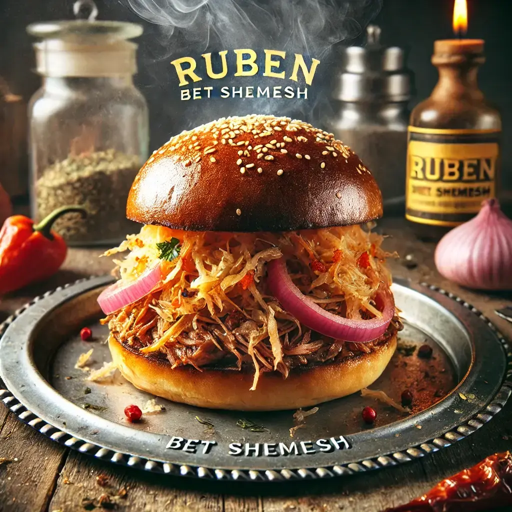 A gourmet burger served on a toasted bun with shredded meat, fresh herbs, red onion slices, sauerkraut, and a roasted red pepper on a metallic plate in a rustic setting. The text 'RUBEN' is displayed prominently in bold yellow font in the center, with 'Bet Shemesh' written underneath.