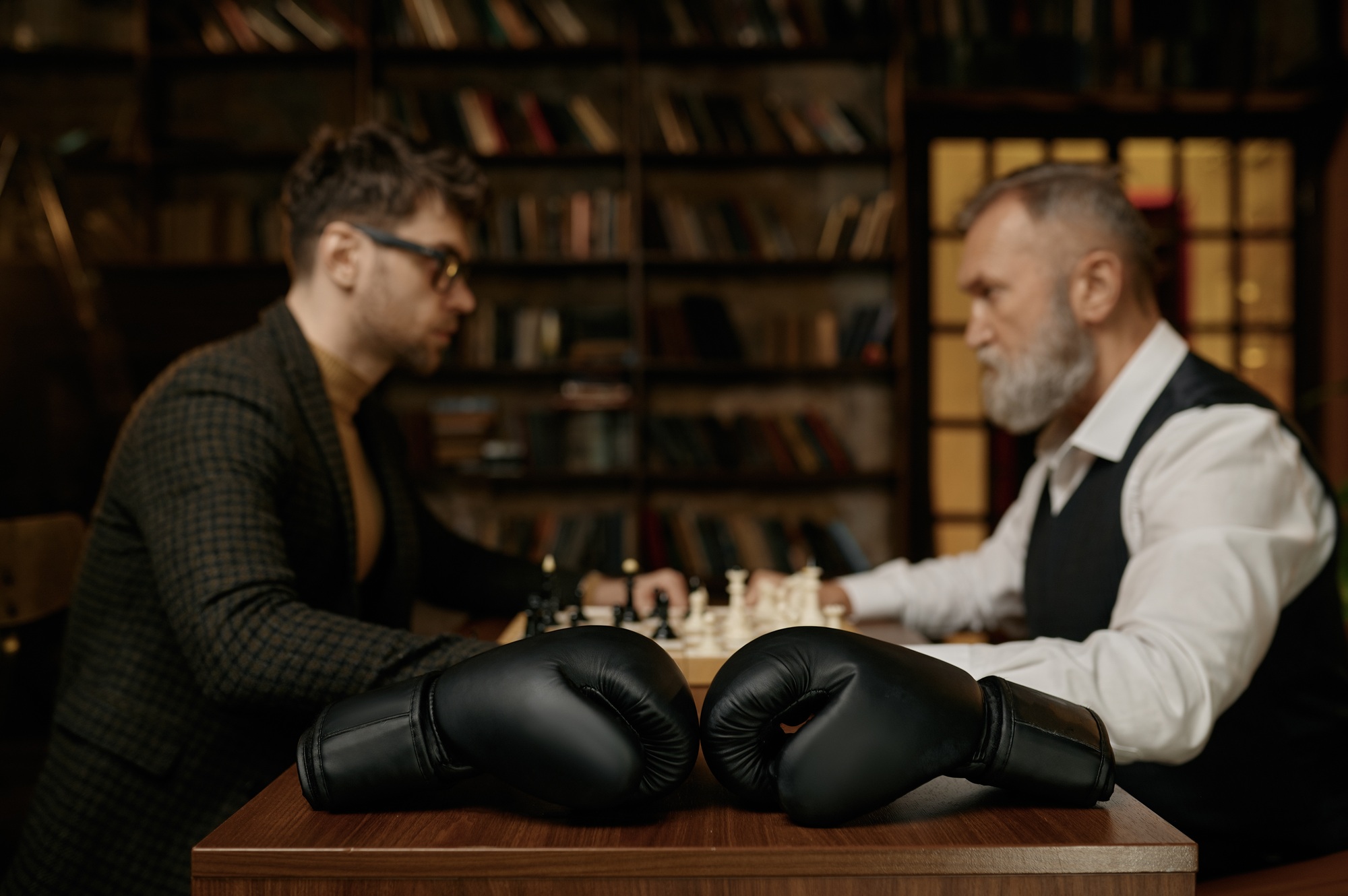 Senior versus young adult man chess battle with selective focus on boxer gloves