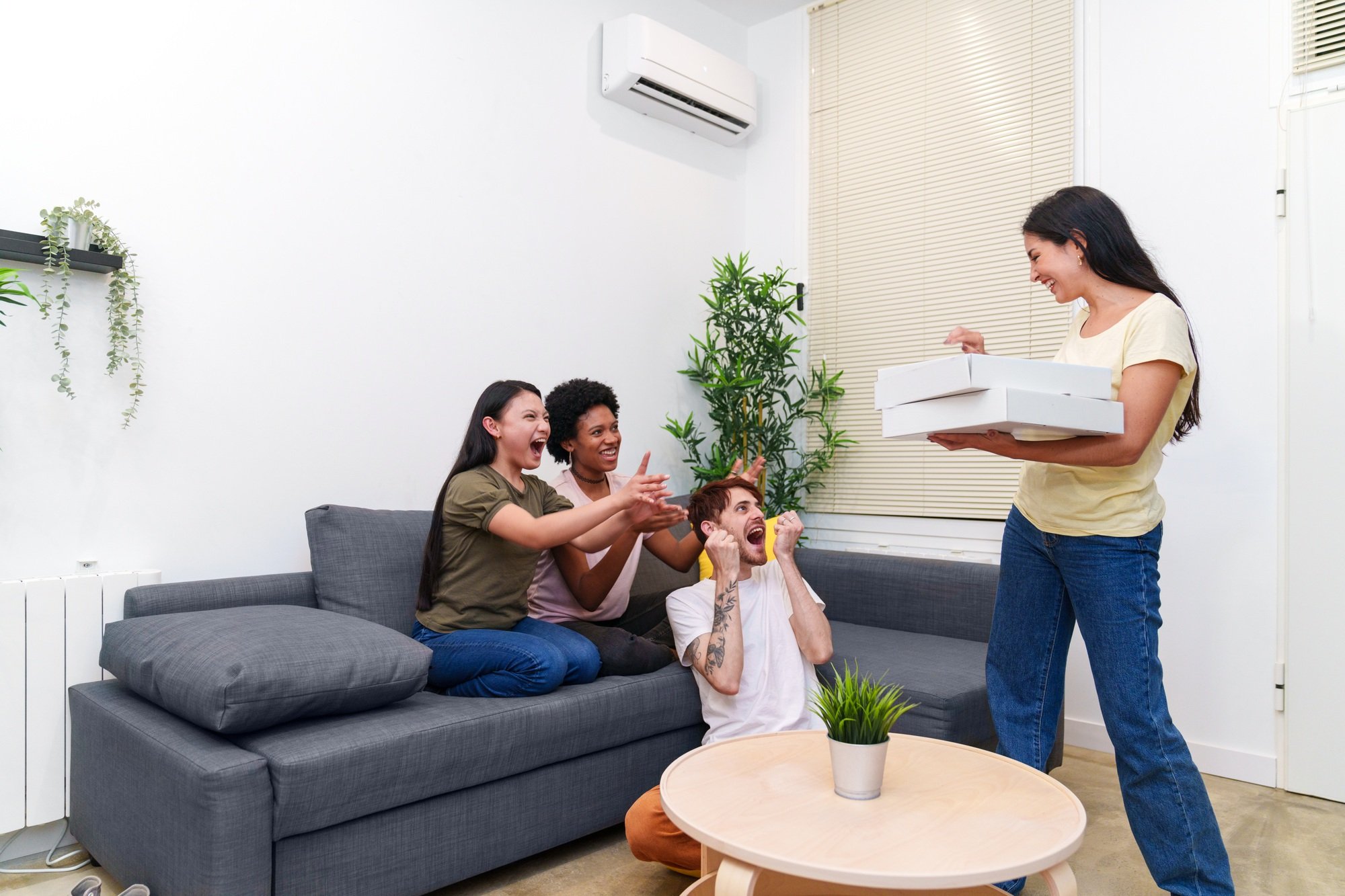 Roommates Anticipate Delicious Pizza, Sharing Excited Applause