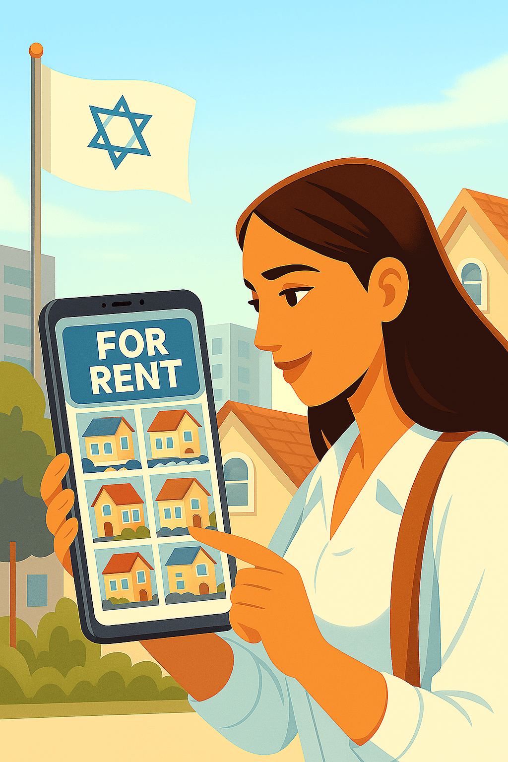 A woman in a white shirt stands outdoors in front of houses, holding and pointing to a large smartphone displaying a "FOR RENT" listing with small images of houses. An Israeli flag is visible in the background against a blue sky.