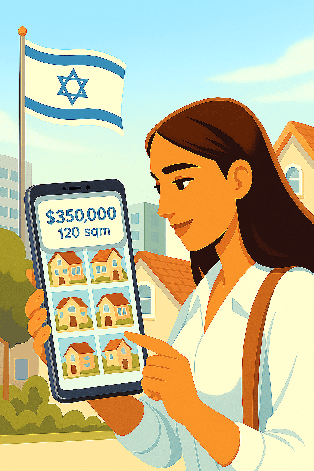 A woman in a white shirt stands outdoors in front of houses, holding and pointing to a large smartphone displaying a property listing that reads "$350,000 — 120 sqm" with images of houses. An Israeli flag waves in the background against a blue sky.