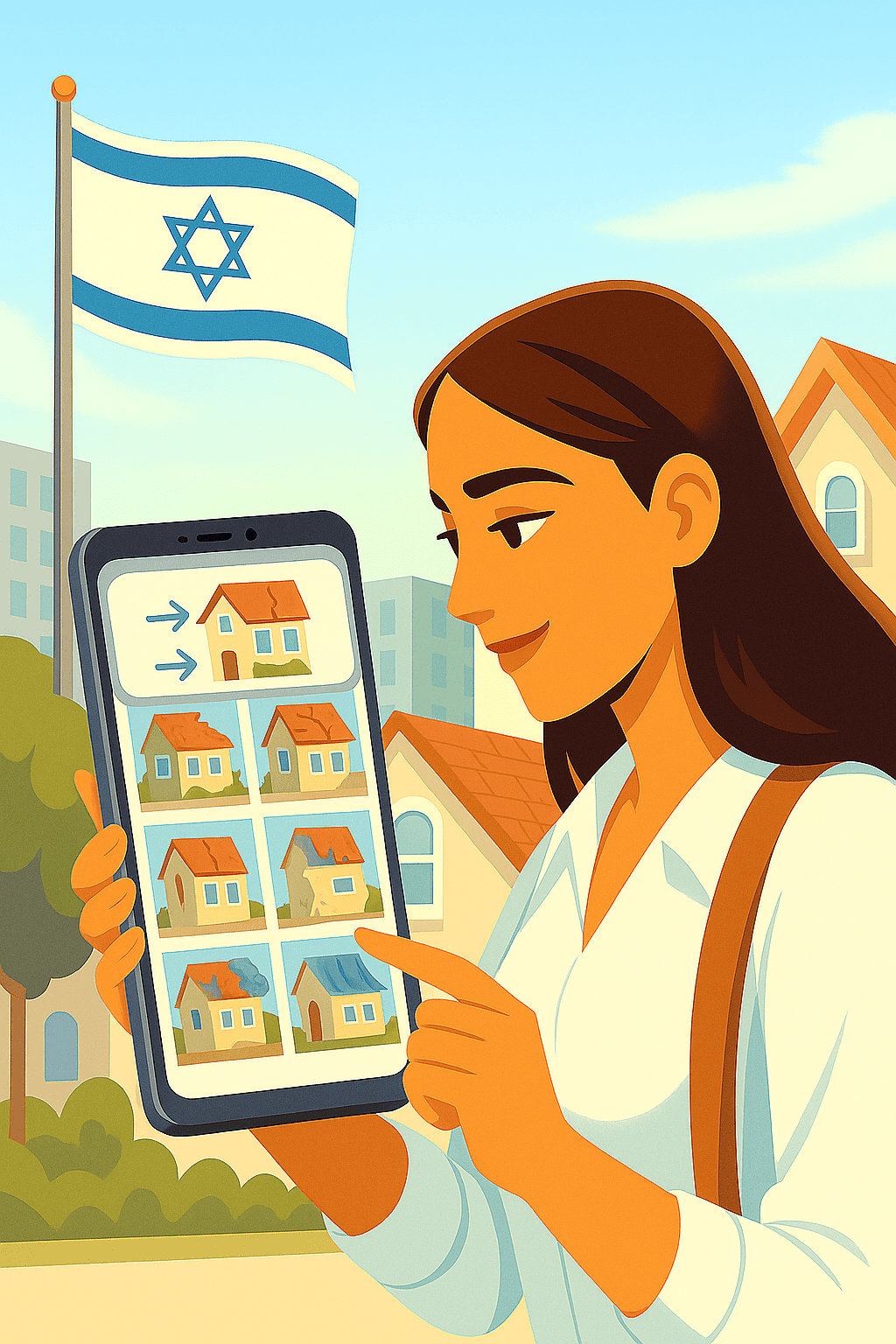 A woman in a white shirt stands outdoors in front of houses, holding and pointing to a large smartphone displaying images of houses in various states of disrepair. The screen shows an icon of an arrow pointing to a renovated house, suggesting before-and-after renovation comparisons. An Israeli flag waves in the background against a blue sky.
