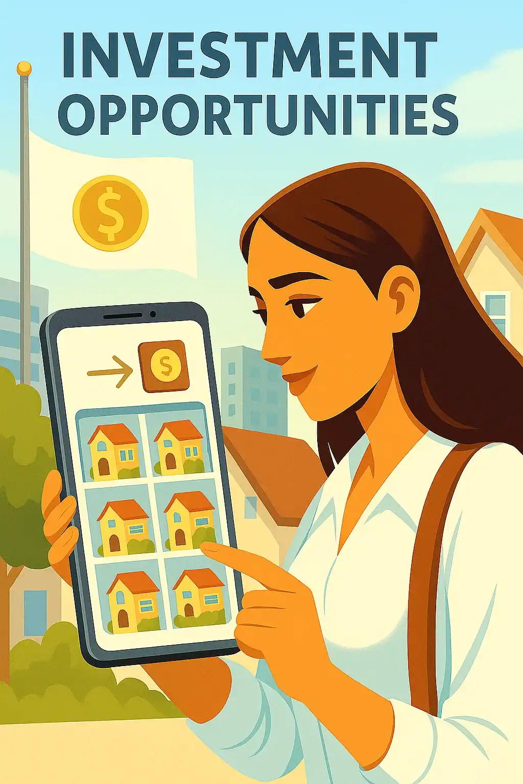 A woman in a white shirt stands outdoors in front of houses, holding and pointing to a large smartphone displaying images of houses with an icon of a dollar sign and an arrow. Above her, text reads “INVESTMENT OPPORTUNITIES,” and a flag with a gold coin symbol waves in the background against a blue sky.