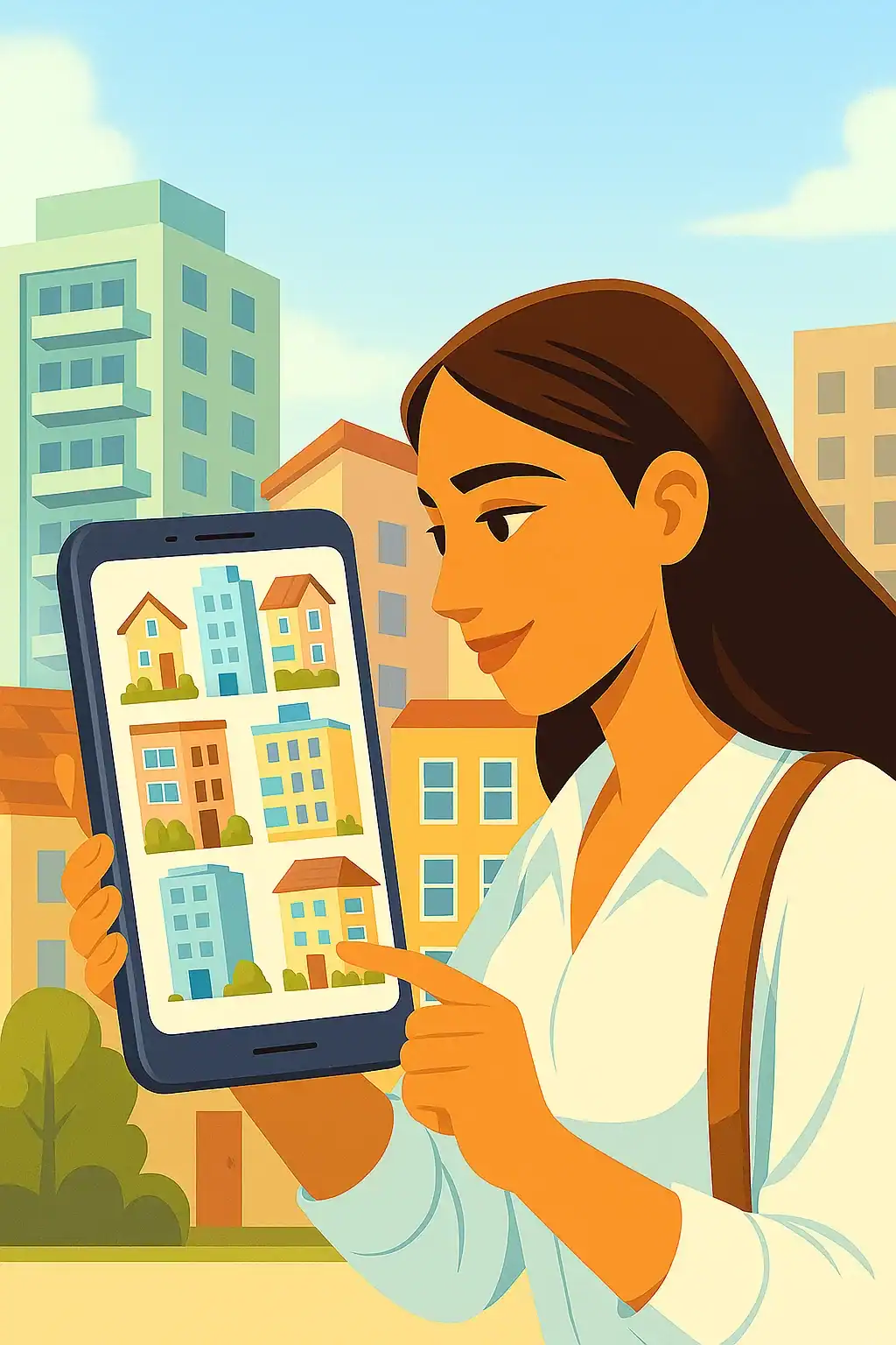 A woman in a white shirt stands outdoors in front of colorful apartment buildings, holding and pointing to a large smartphone displaying images of various residential buildings, including high-rises and houses.