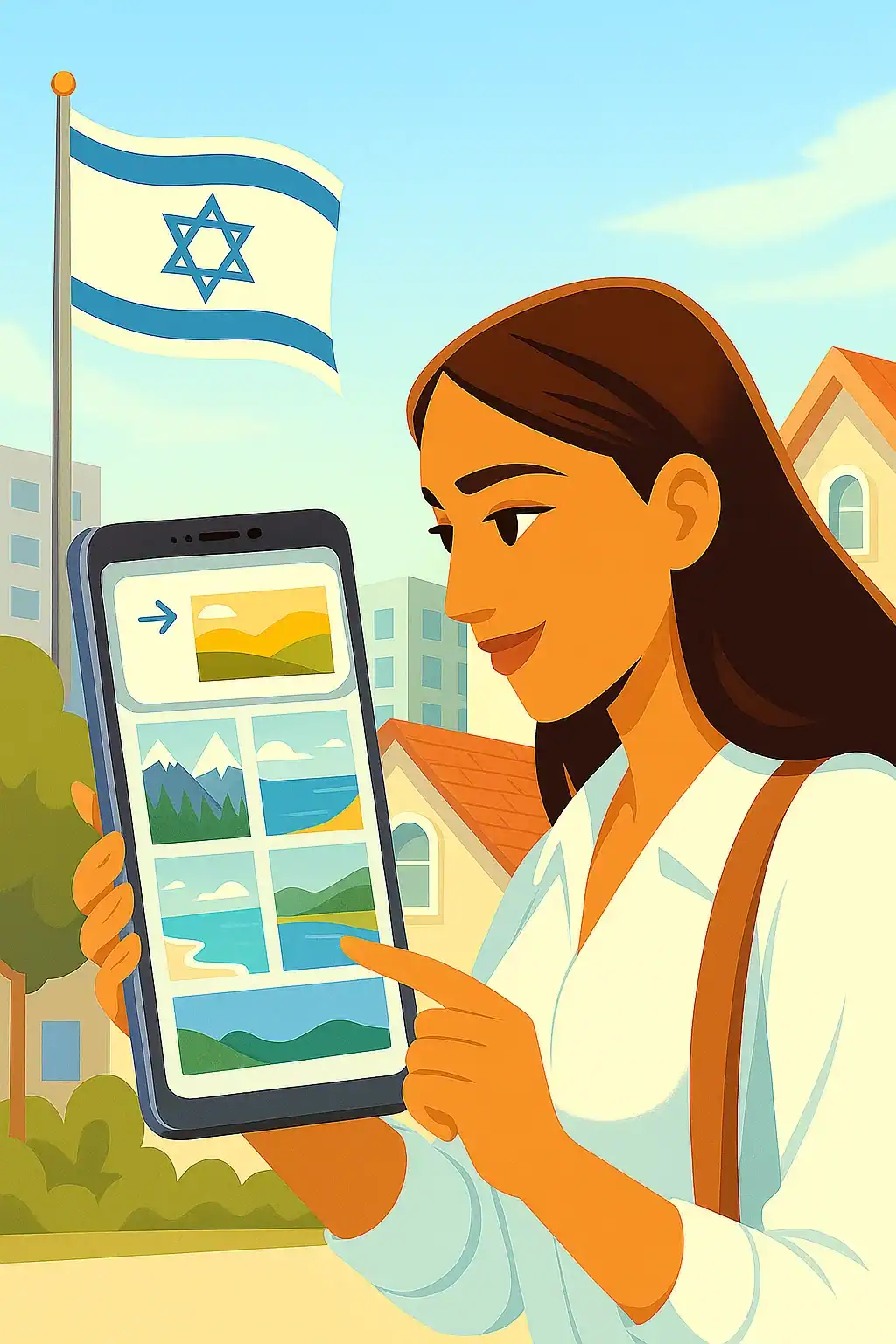 A woman in a white shirt stands outdoors in front of houses, holding and pointing to a large smartphone displaying images of landscapes, including mountains, beaches, and countryside scenes. The top image is highlighted with an arrow. An Israeli flag waves in the background against a blue sky.