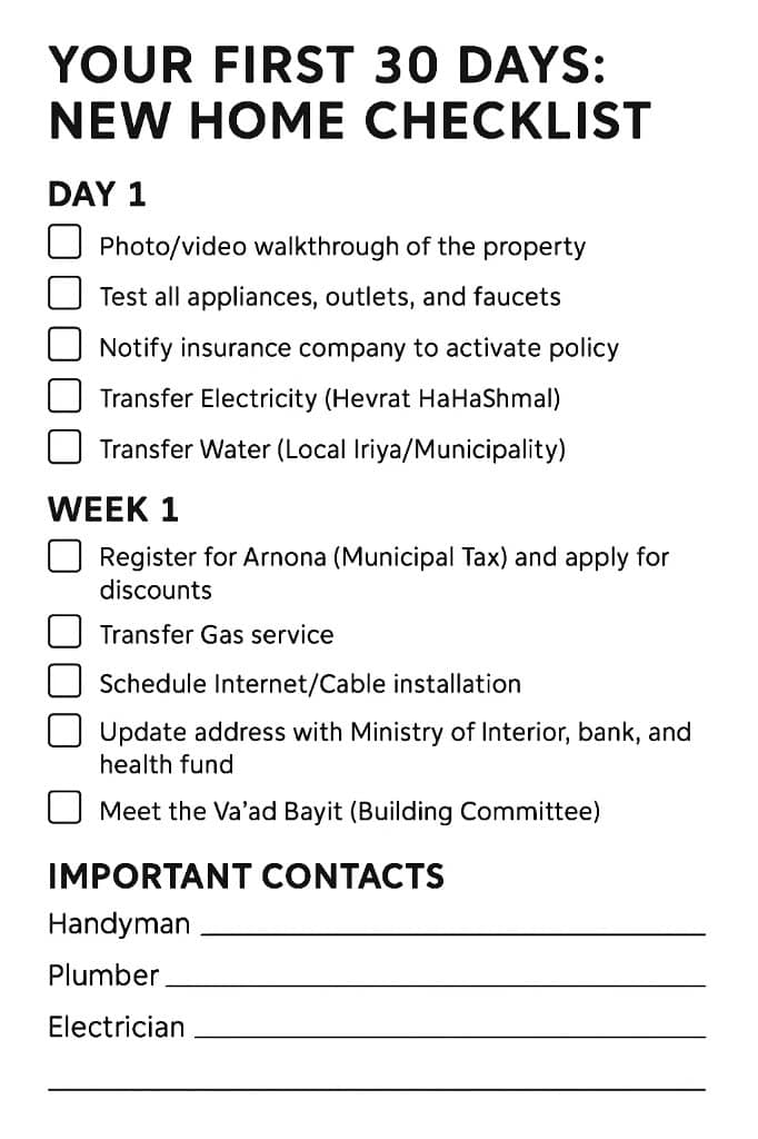 Printable 30-day checklist for new homeowners in Israel
