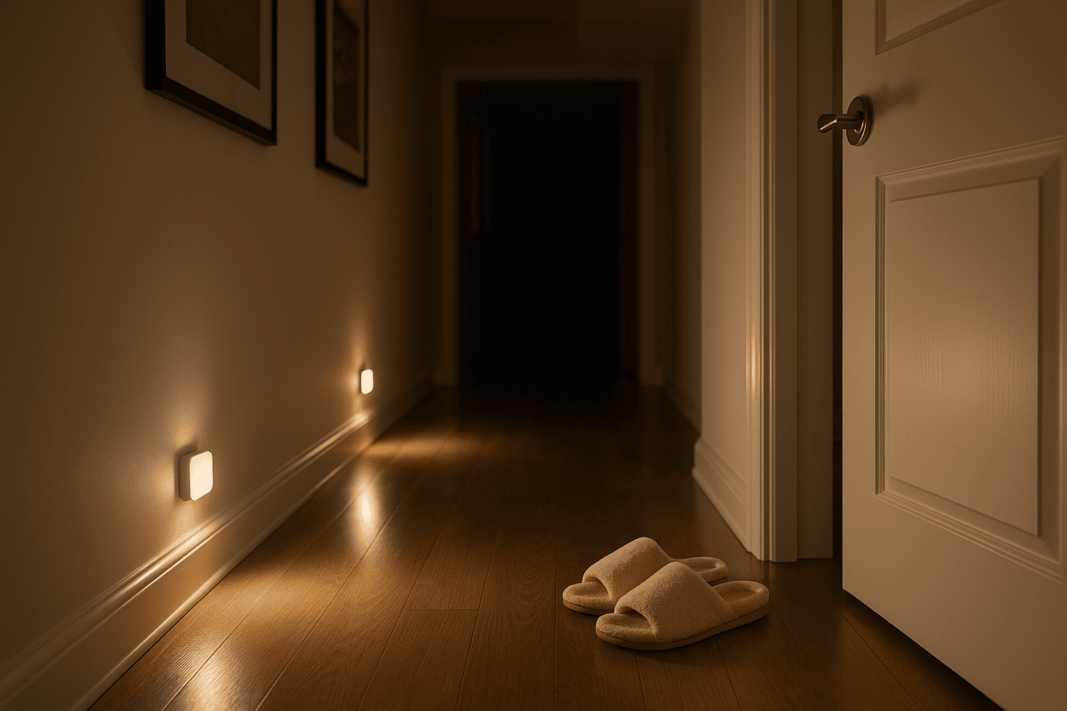 Hallway with motion-activated nightlights and safe, uncluttered flooring for nighttime mobility.