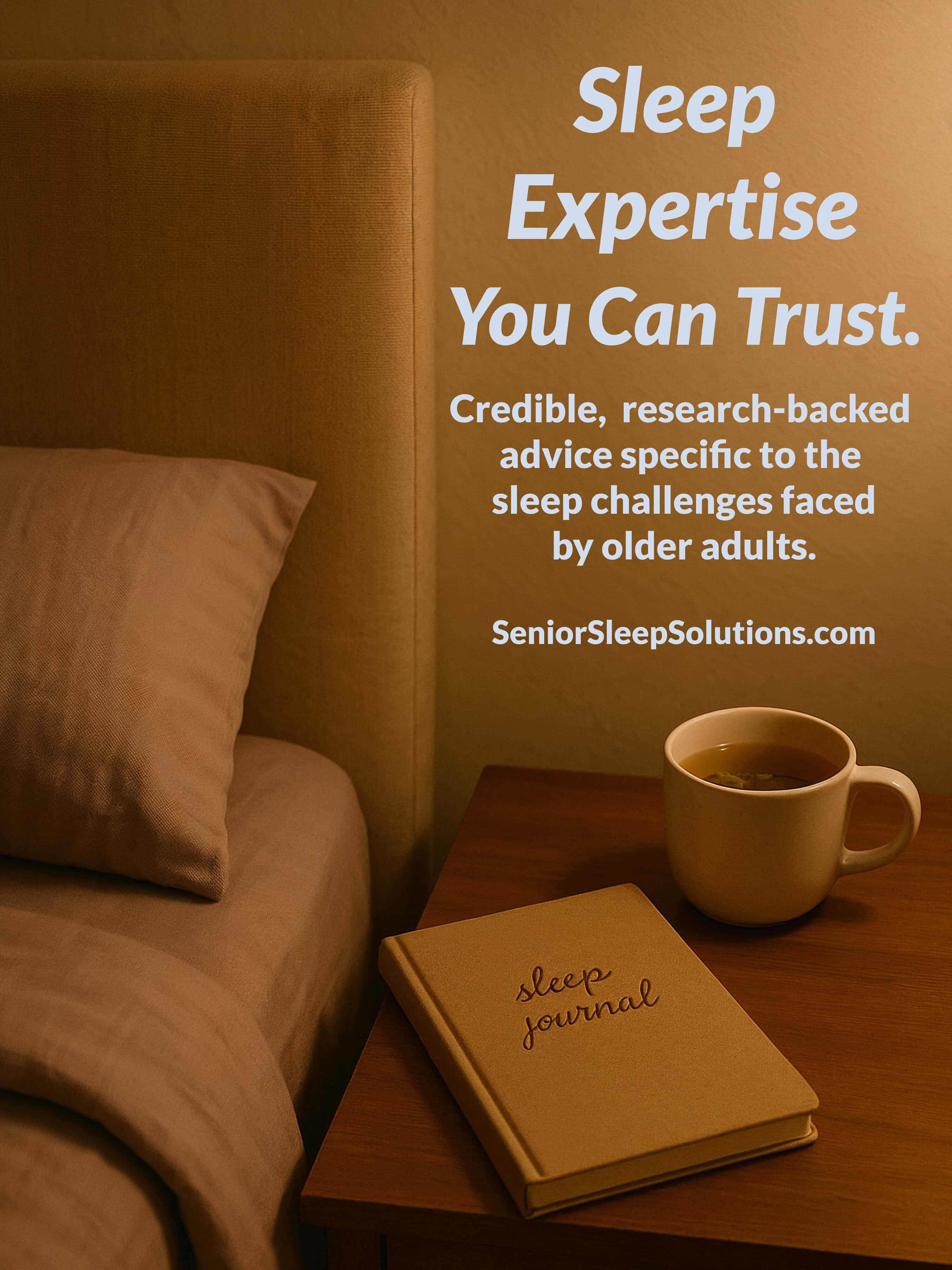 Bedside table with a sleep journal and cup of tea, overlaid with text reading "Sleep Expertise You Can Trust – Senior Sleep Solutions"