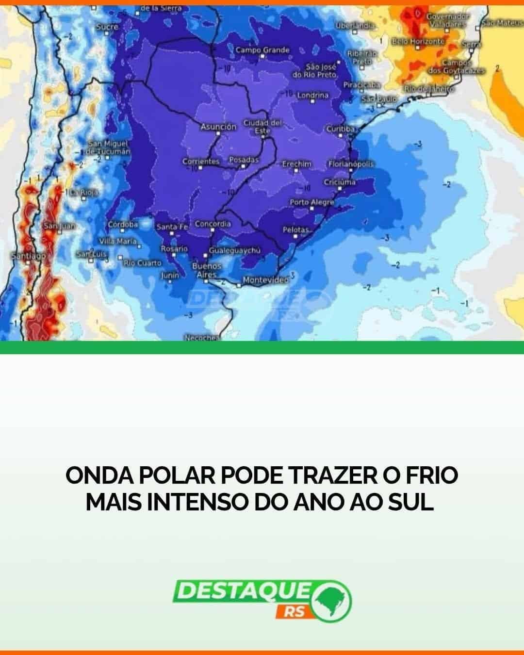 Uma forte massa de ar polar prevista para avançar sobre o Sul do Brasil entre os dias 24 e 26 de junho.