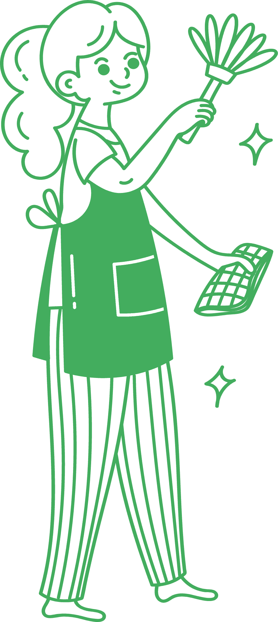 Mujer limpiando con escoba y trapo en oficina moderna.