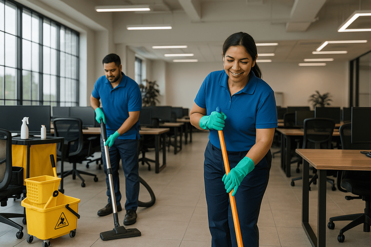Personal de limpieza en oficina con equipo especializado.